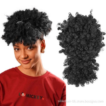 Soft Black Brown Afro Puff Hair Pieces Short Kinky Curly Drawstring Ponytail Chignon With Bangs Synthetic Hair Bun Extensions